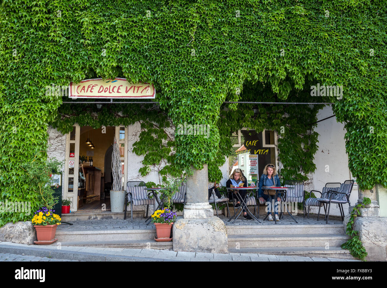 Cafe Dolce Vita at historic central square in Mikulov town, Moravia region, Czech Republic Stock Photo