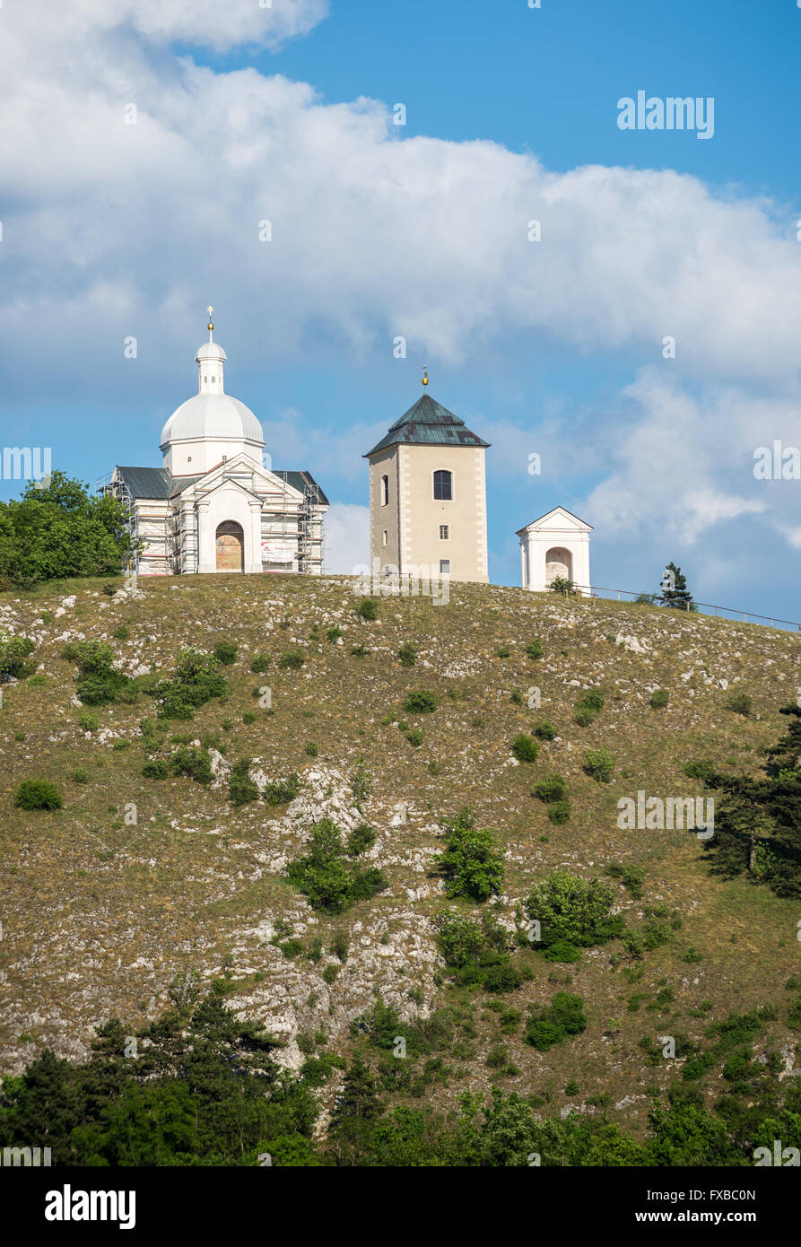 Saint Sebastian Chapel and Bell Tower on the Holy Hill (Svaty Kopecek) in Mikulov town, Moravian Region in Czech Republic Stock Photo