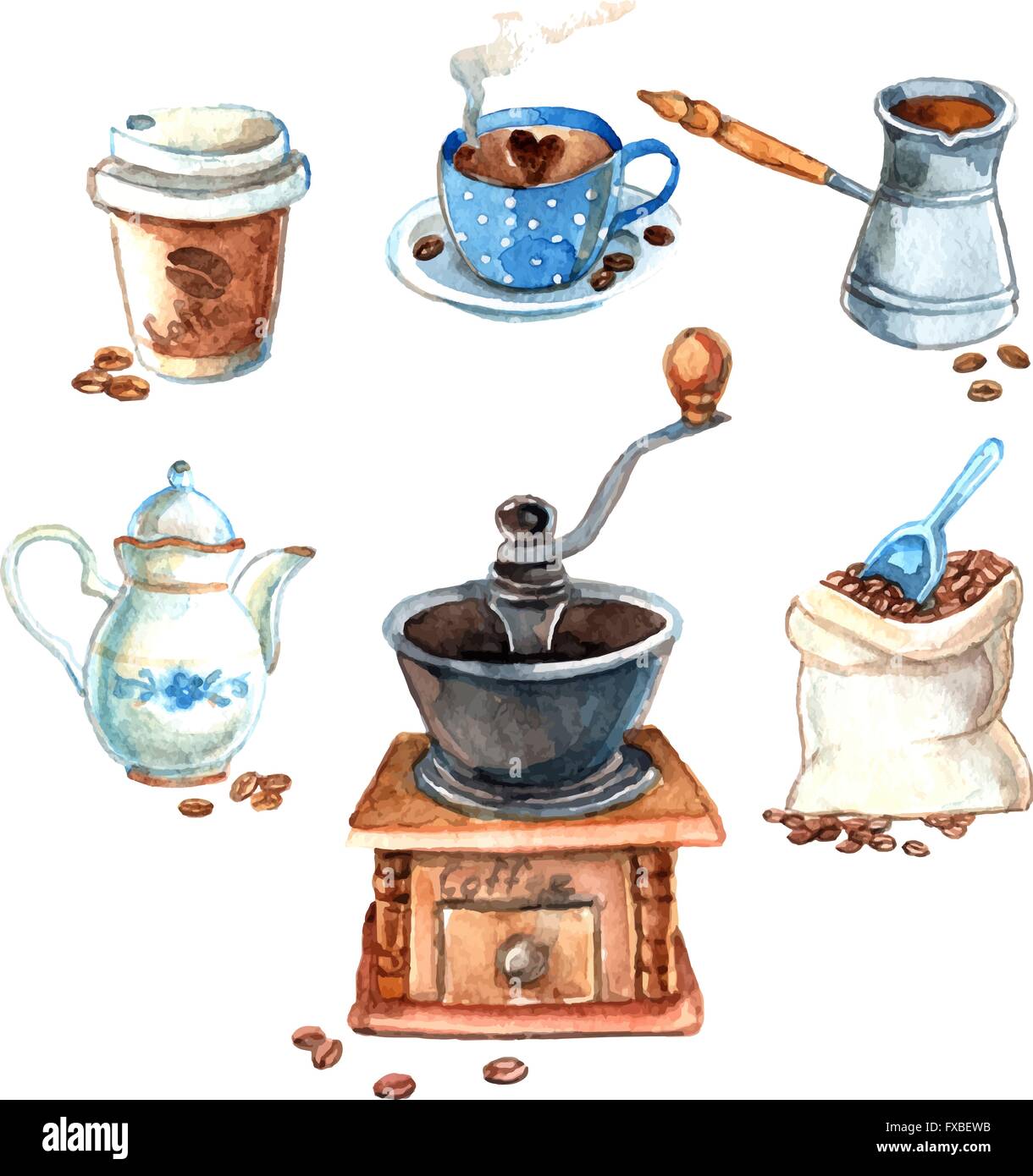 Hand drawn vintage watercolor coffee set┬М Stock Vector Image & Art - Alamy
