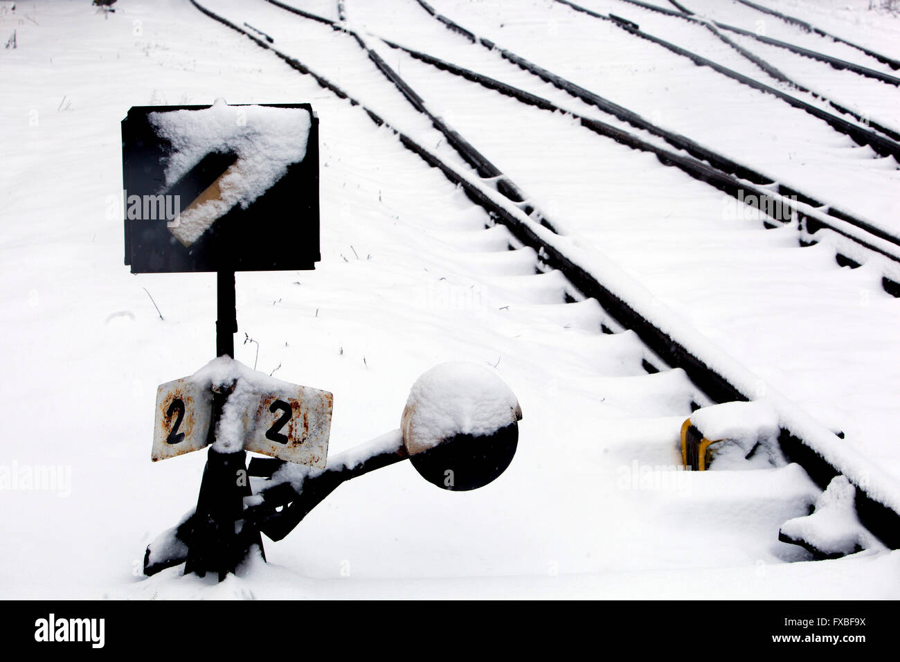 Snow Railroad switch track and turnout, Czech Republic Stock Photo