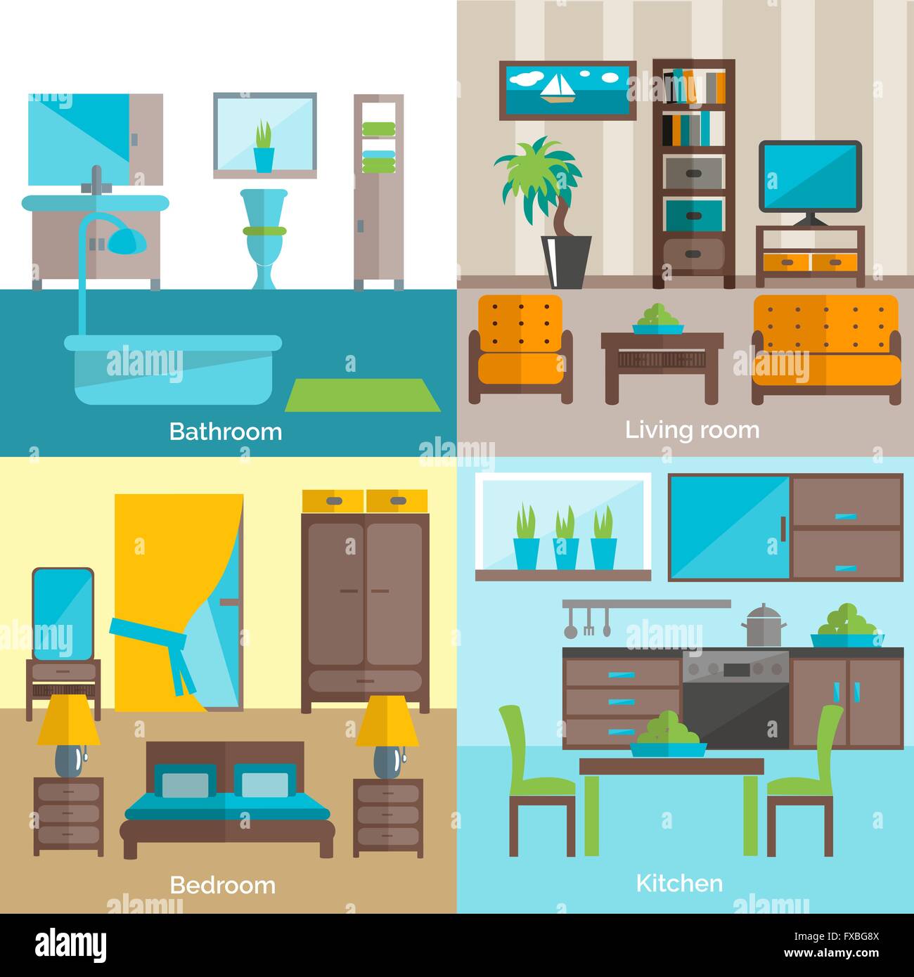 Interior rooms furnishing 4 flat icons Stock Vector Image & Art Alamy
