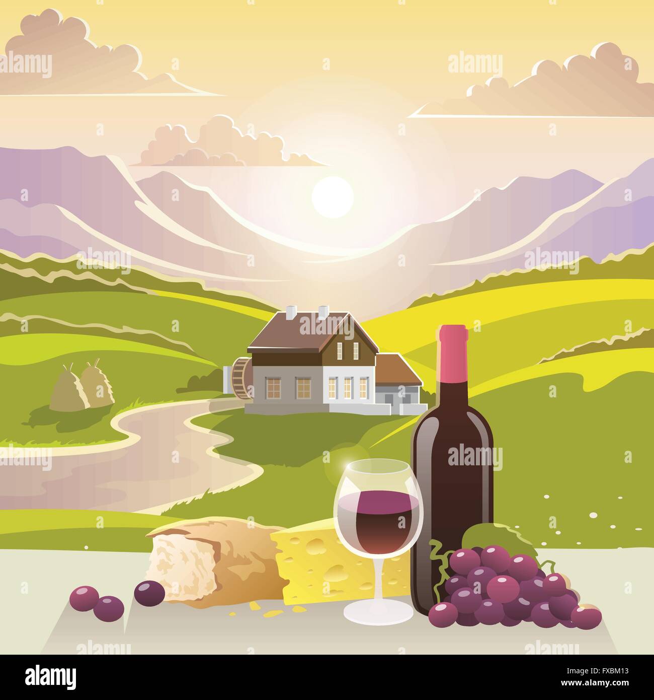 Mountain Landscape With Wine And Cheese Stock Vector Image & Art Alamy