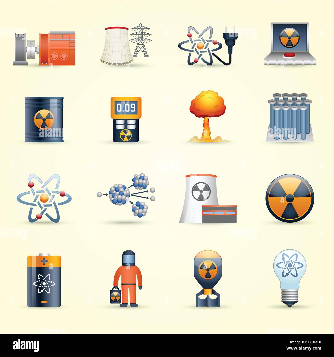 Nuclear energy icons yellow background Stock Vector