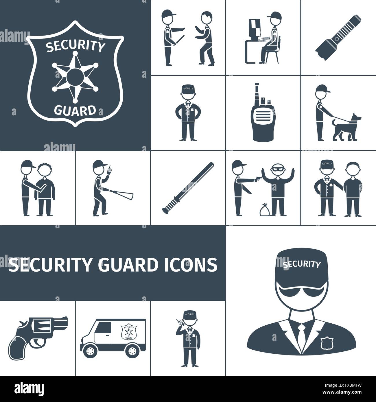 Security guard black icons set Stock Vector