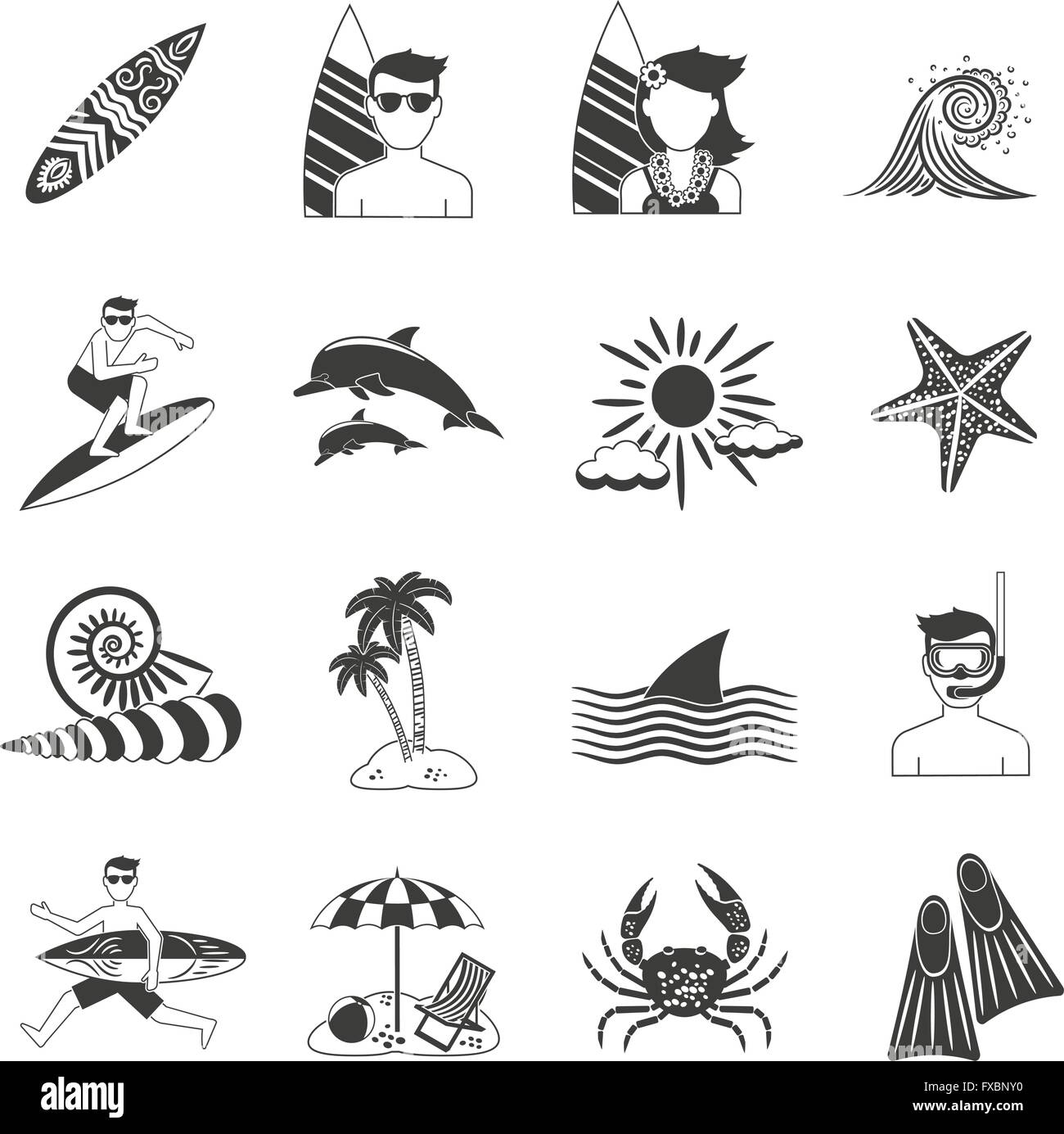 Surfing Icons Black Stock Vector Image & Art - Alamy