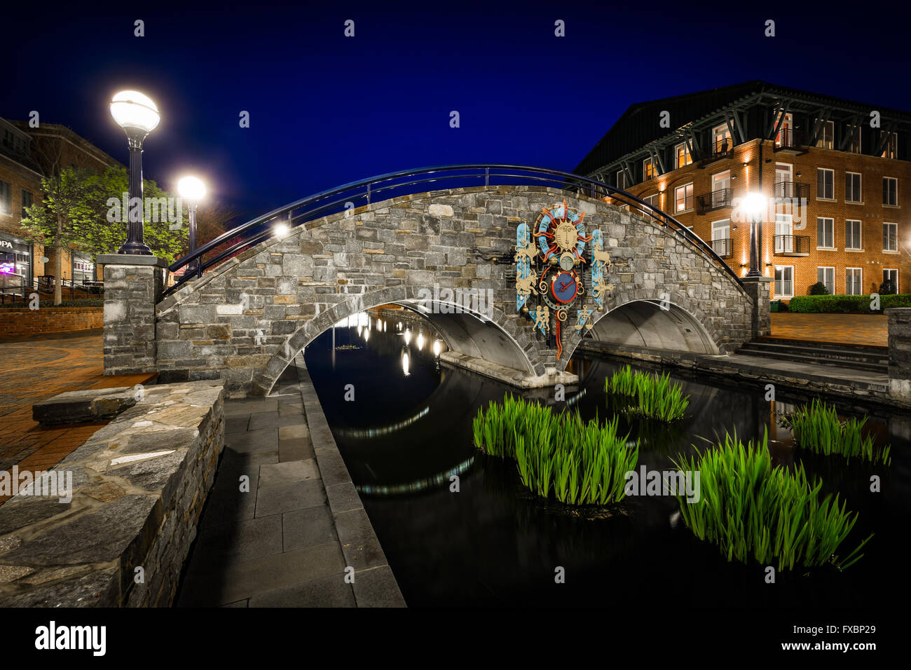 Bridge over Carroll Creek at night, at Carroll Creek Linear Park, in