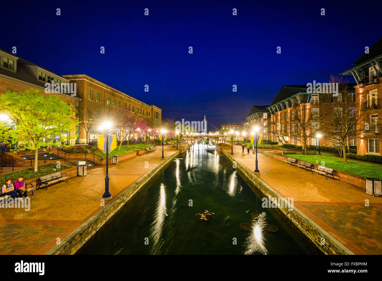 View of Carroll Creek at night, in Frederick, Maryland. Stock Photo