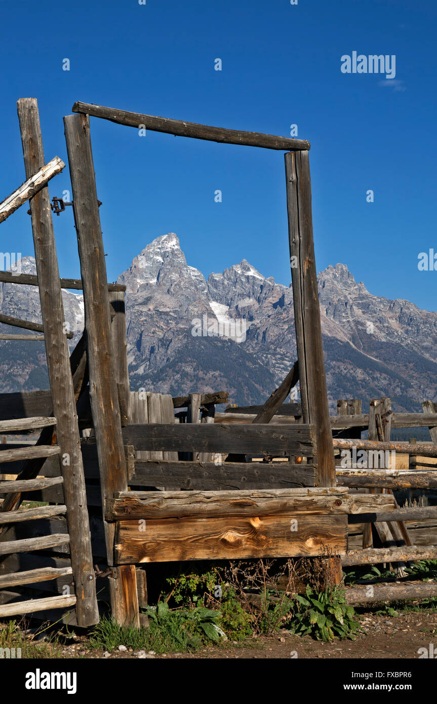 WY01499-00...WYOMING - Historic corral on Mormon Row with the Teton Range as a backdrop in Grand Teton National Park. Stock Photo