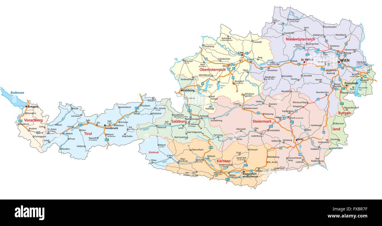 road and administrative map, Austria Stock Vector