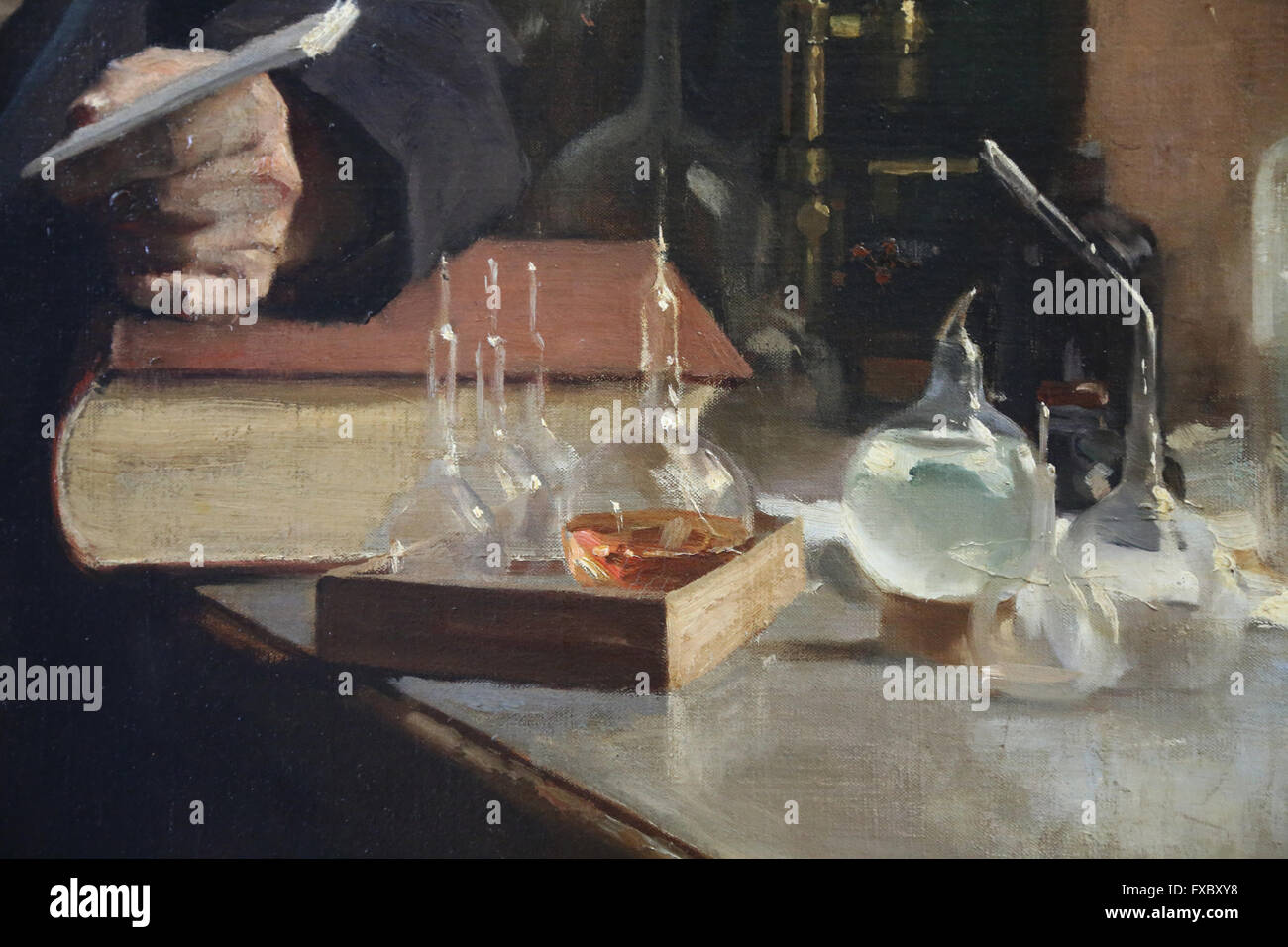 Louis Pasteur. Portrait, 1885 by painter Albert Edelfelt (1854-1905). Oil on canvas. Detail: Laboratory material. Orsay Museum. Stock Photo