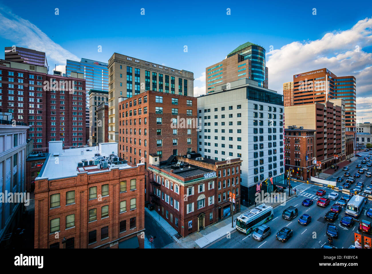 View of buildings along Lombard Street, in downtown Baltimore, Maryland. Stock Photo