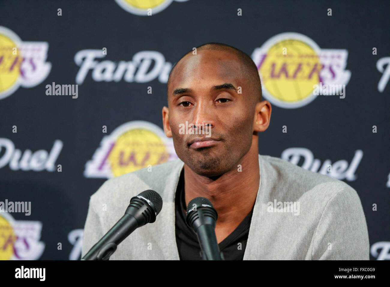 New Orleans, LA, USA. 08th Apr, 2016. Los Angeles Lakers forward Kobe Bryant (24)giving a press conference after an NBA basketball game between the Los Angeles Lakers and the New Orleans Pelicans at the Smoothie King Center in New Orleans, LA. Stephen Lew/CSM/Alamy Live News Stock Photo
