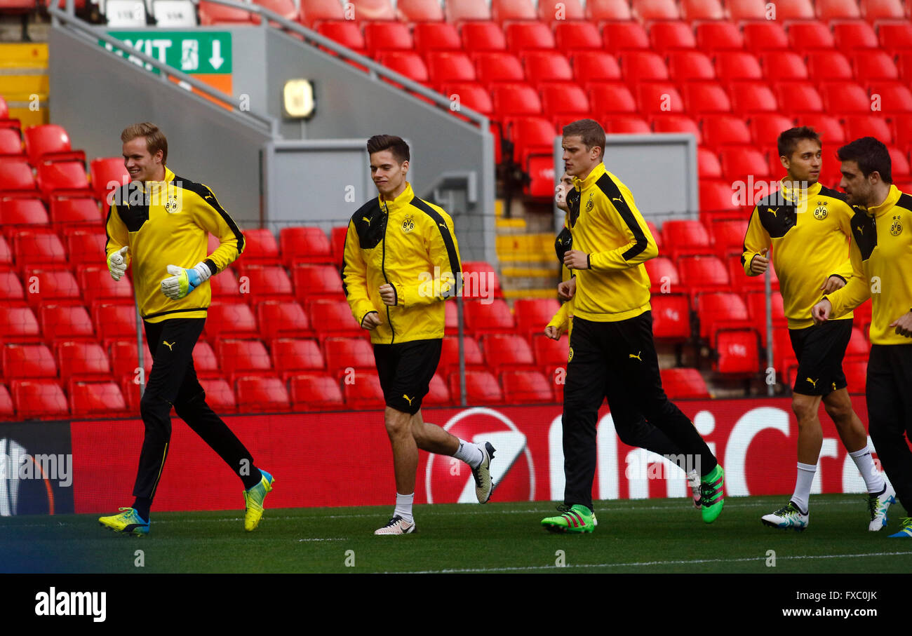 Anfield, Liverpool, UK. 13th Apr, 2016. Europa League. Liverpool versus Borussia Dortmund Pre Match Press Conference and Training. Borussia Dortmund players training at Anfield ahead of tomorrow night's second of the Europa Cup quarter final versus Liverpool. Credit:  Action Plus Sports/Alamy Live News Stock Photo
