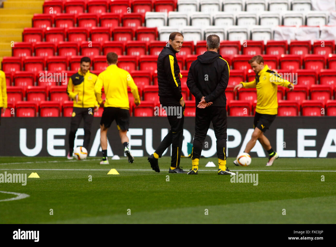 Anfield, Liverpool, UK. 13th Apr, 2016. Europa League. Liverpool versus Borussia Dortmund Pre Match Press Conference and Training. Borussia Dortmund coach Thomas Tuchel watches his players training at Anfield ahead of tomorrow night's second of the Europa Cup quarter final versus Liverpool. Credit:  Action Plus Sports/Alamy Live News Stock Photo