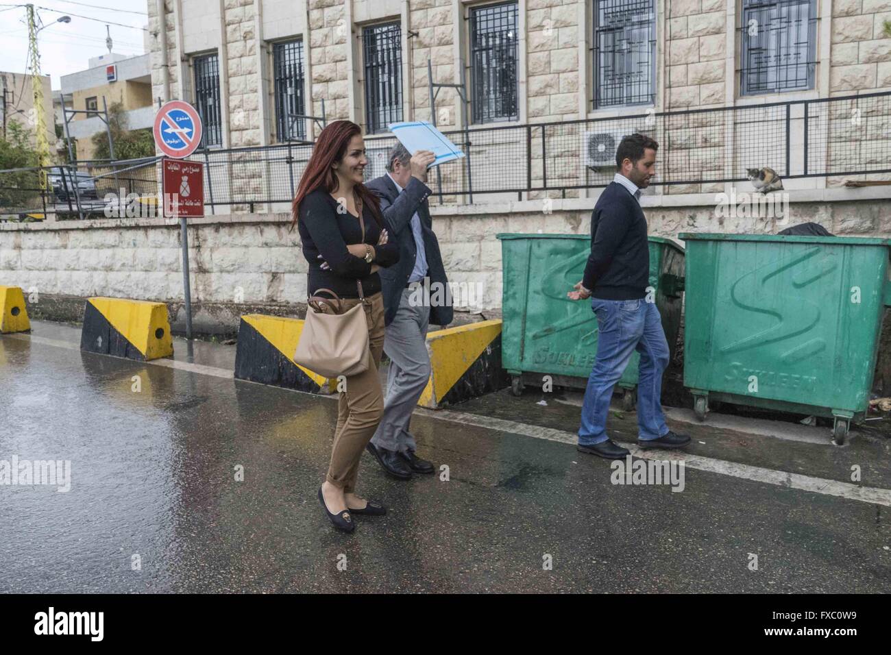 Beirut, Lebanon. 13th Apr, 2016. Apr 13, 2016 - Beirut, Lebanon - Courthouse where Sally Faulkner of Brisbane, Australia, and members of the Australian TV show '60 Minutes', a Nine Network production, are being held after abducting her two children from the custody of her estranged husband, Ali Zeid al-Amin, a surfing instructor who lives south of the Lebanese capital, Beirut. Tara Brown, the presenter famous from 60 Minutes, reporter Stephen Rice, cameraman Ben Williamson and sound recordist David Ballment were arrested while in Beirut to cover the story of Brisbane mother Sally Faulkner, Stock Photo
