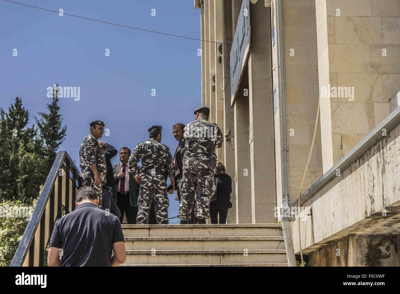 Beirut, Lebanon. 13th Apr, 2016. Apr 13, 2016 - Beirut, Lebanon - Courthouse where Sally Faulkner of Brisbane, Australia, and members of the Australian TV show '60 Minutes', a Nine Network production, are being held after abducting her two children from the custody of her estranged husband, Ali Zeid al-Amin, a surfing instructor who lives south of the Lebanese capital, Beirut. Tara Brown, the presenter famous from 60 Minutes, reporter Stephen Rice, cameraman Ben Williamson and sound recordist David Ballment were arrested while in Beirut to cover the story of Brisbane mother Sally Faulkner, Stock Photo