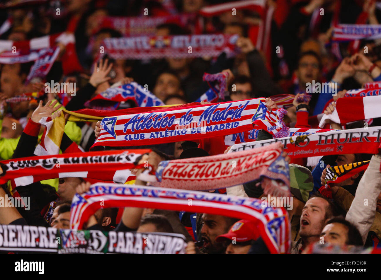 Madrid, Spain. 13th Apr, 2016. At. Madrid fans. UCL Champions League between Atletico de Madrid and FC Barcelona at the Vicente Calderon stadium in Madrid, Spain, April 13, 2016 . © Action Plus Sports/Alamy Live News Stock Photo