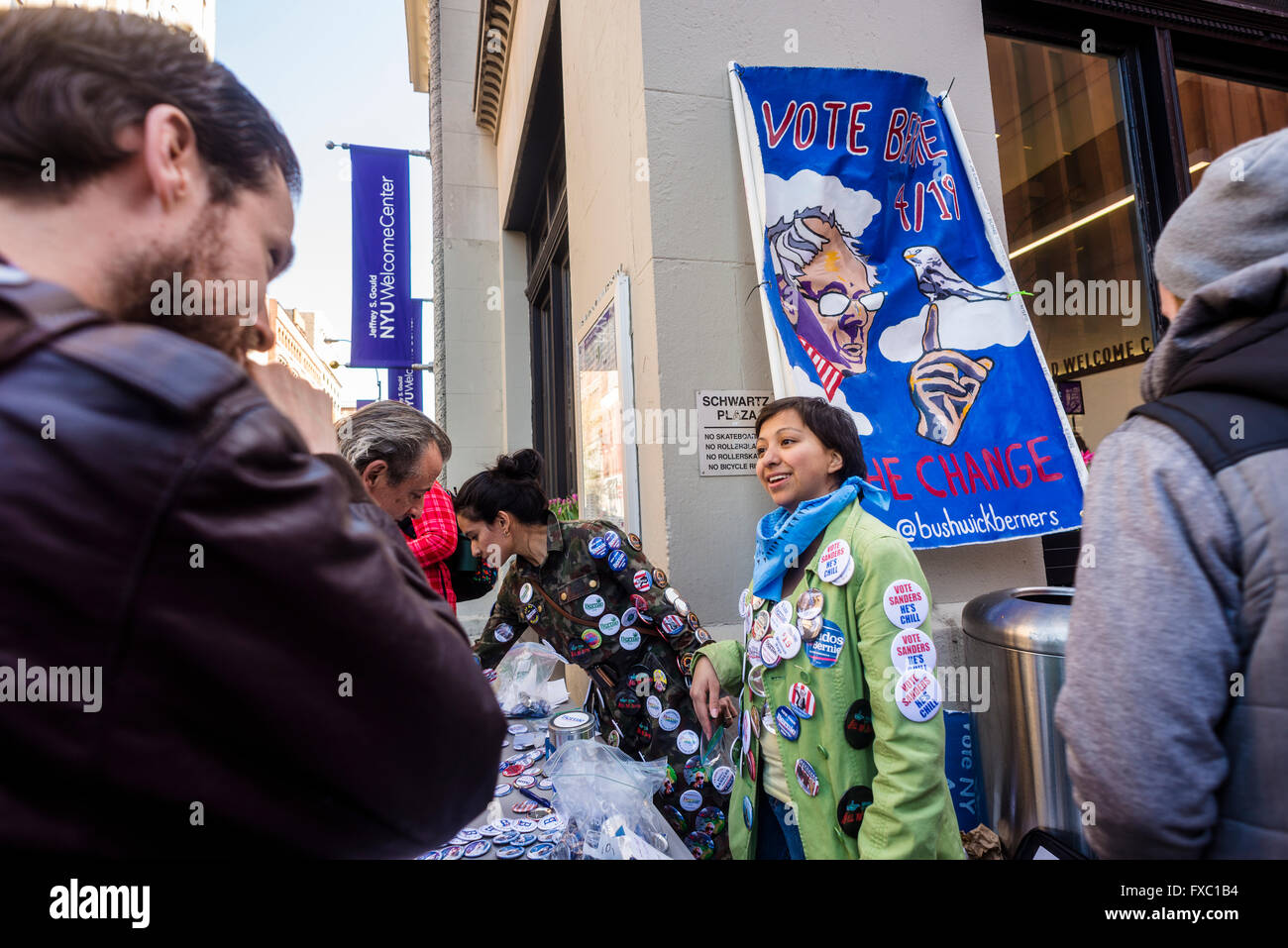 New York, USA. 13th April, 2016. Hours before a Bernie Sanders rally is scheduled to begin, supports sell buttons and other campaign buttons in Schwartz Plaza near Washington Square Park. Over 10,000 people are expected to attend the rally for the Democratic Presidential Candidate. Credit: Stacy Walsh Rosenstock/Alamy Live News Stock Photo