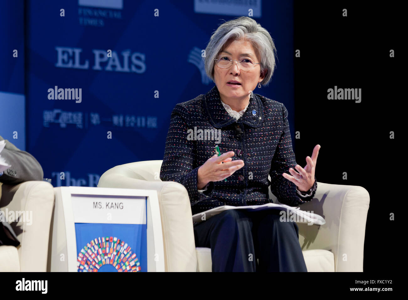 Washington DC, USA. 13th April, 2016: UN secretary-general, Kang Kyungwha (Kang Kyung Wha) speaking at IMF Spring Meetings. Credit:  B Christopher/Alamy Live News Stock Photo
