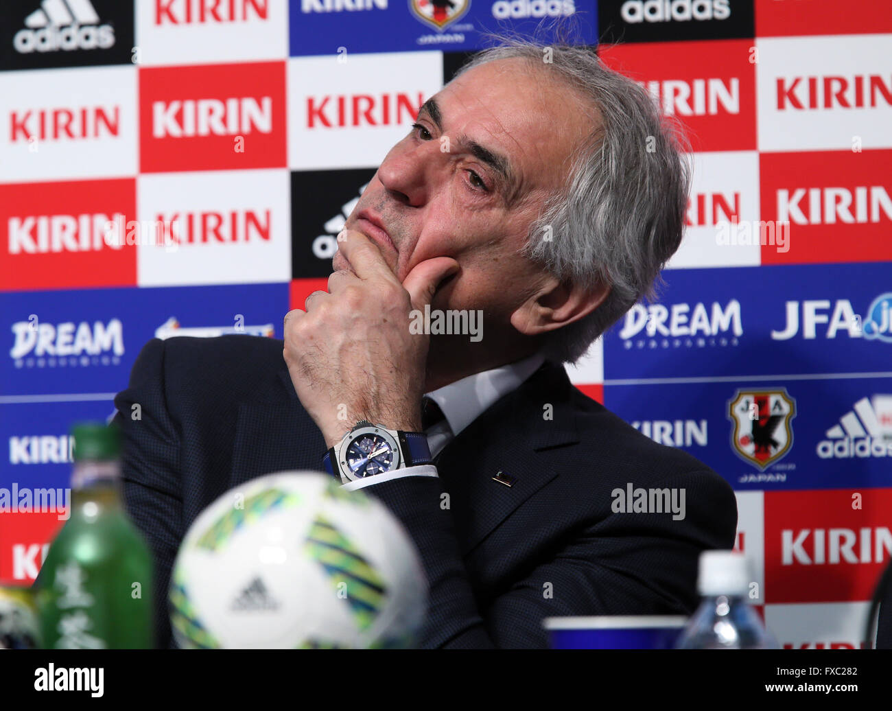 Tokyo, Japan. 13th Apr, 2016. Japan's national football team head coach Vahid Halilhodzic speaks before press as Halilhodzic and Japan Football Association (JFA) new president Kozo Tajima announce Japan will have games against European teams at Kirin Cup football tournament in June at the JFA headquarters in Tokyo on Tuesday, April 13, 2016. Japan, Denmark, Bulgaria and Bosnia Herzegovina will have tournament in Toyota and Osaka. © Yoshio Tsunoda/AFLO/Alamy Live News Stock Photo