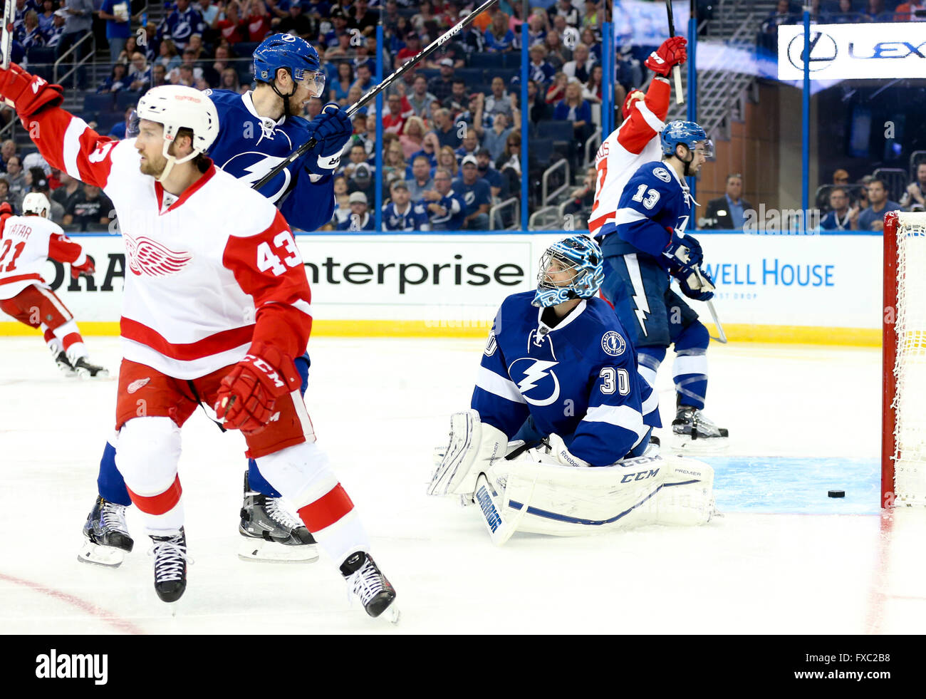 Tampa, Florida, USA. 13th Apr, 2016. Tampa Bay Lightning goalie Ben (30) looks on as the
