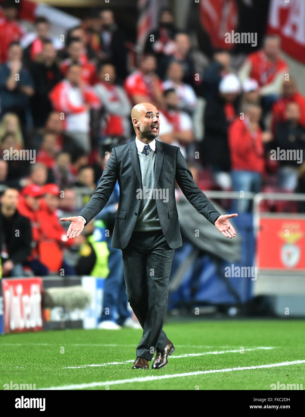 Lisbon. 13th Apr, 2016. Bayern's coach Josep Guardiola reacts during the second leg of quarterfinals of the Eurpean Champions League soccer match against SL Benfica at the Luz stadium in Lisbon on April 13, 2016. © Zhang Liyun/Xinhua/Alamy Live News Stock Photo