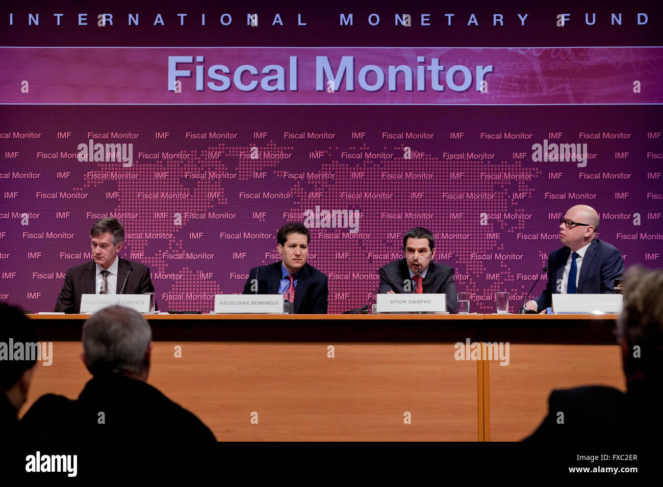Washington DC, USA. 13th April, 2016. The Director of the International Monetary Fund Fiscal Affairs Department, Vitor Gaspar, along with Abdelhak Senhadji, Deputy Director, Benedict Clements, Division Chief, Fiscal Policy and Surveillance Division, and Wiktor Krzyzanowski, Senior Press Officer, Communications Department, briefs the media on its Fiscal policies for Innovation and growth. Credit:  B Christopher/Alamy Live News Stock Photo