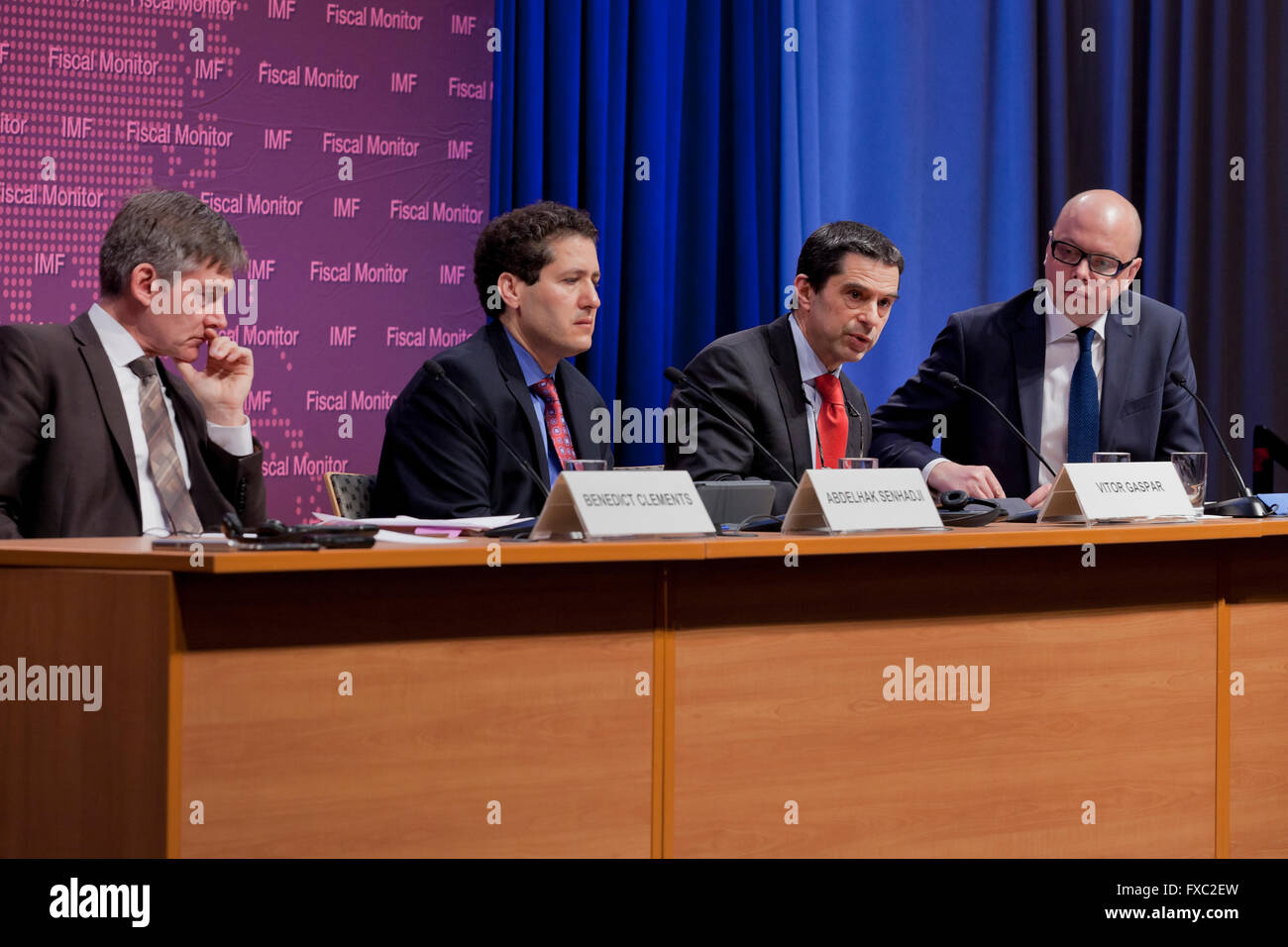 Washington DC, USA. 13th April, 2016. The Director of the International Monetary Fund Fiscal Affairs Department, Vitor Gaspar, along with Abdelhak Senhadji, Deputy Director, Benedict Clements, Division Chief, Fiscal Policy and Surveillance Division, and Wiktor Krzyzanowski, Senior Press Officer, Communications Department, briefs the media on its Fiscal policies for Innovation and growth. Credit:  B Christopher/Alamy Live News Stock Photo