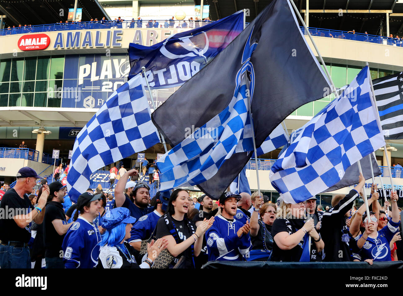 Tampa, Florida, USA. 13th Apr, 2016. DOUGLAS R. CLIFFORD.Members of Sticks of Fire rally at Amalie Arena before the start of game one of the first round of the Stanley Cup Playoffs between the Tampa Bay Lightning and the Detroit Red Wings on Wednesday (4/13/16) in Tampa. Credit:  Douglas R. Clifford/Tampa Bay Times/ZUMA Wire/Alamy Live News Stock Photo