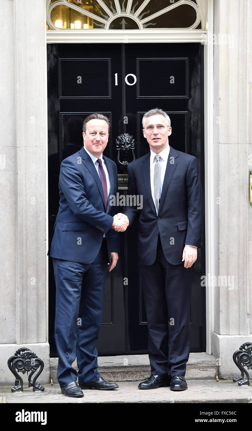 London, UK. 14th April, 2016. Prime Minister David Cameron welcomes Secretary General of NATO, Jens Stoltenberg at 10 Downing Street. Credit:  Alan West/Alamy Live News Stock Photo