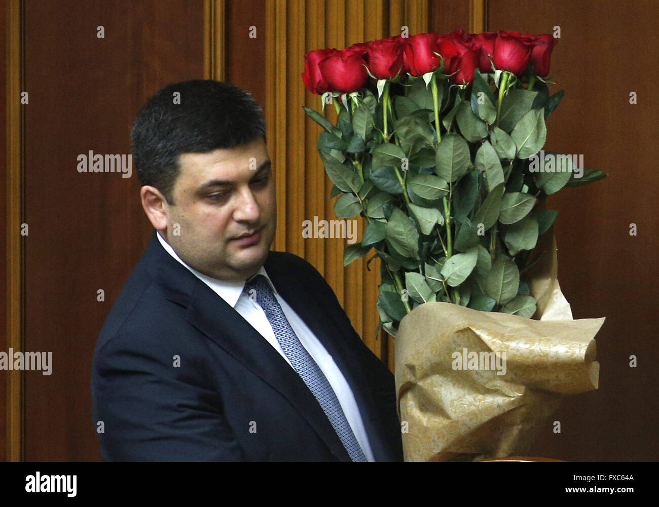 Kiev, Ukraine. 14th April, 2016. New Prime Minister of Ukraine Volodymyr Groysman reacts during a parliament session in Kiev, Ukraine, 14 April 2016. 14th Apr, 2016. The Ukrainian parliament has approved Volodymyr Groysman for the Prime minister's post with 257 voices. Credit:  Anatolii Stepanov/ZUMA Wire/Alamy Live News Stock Photo