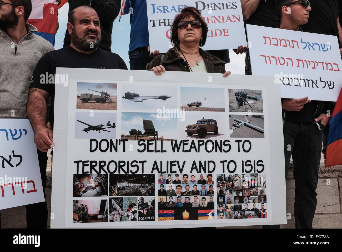 Jerusalem, Israel. 14th April, 2016. Armenians protest opposite the Ministry of Foreign Affairs against alleged arms supply by Israel to Azerbaijan as published by the Washington Post 5th April, 2016. Armenian sources claim an Israeli Aerospace Industries Harop suicide drone was used to target a bus and kill seven Armenian volunteers. Armenia and Azerbaijan have been in dispute over the area of Nagorno Karabakh since 1991. Credit:  Nir Alon/Alamy Live News Stock Photo
