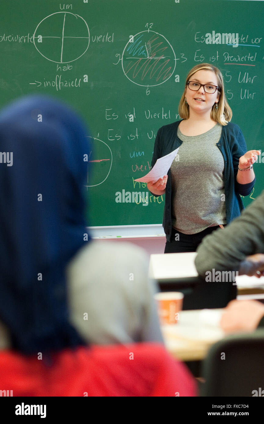 Potsdam, Germany. 14th Apr, 2016. The instructor of the first intensive language course, Claudia