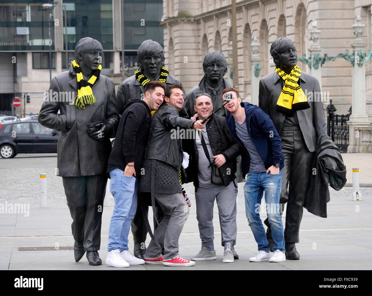 Liverpool UK 14 April 2016 Borussia Dortmund fans in Liverpool City Centre ahead of tonights game against Liverpool at Anfield Credit:  ALAN EDWARDS/Alamy Live News Stock Photo