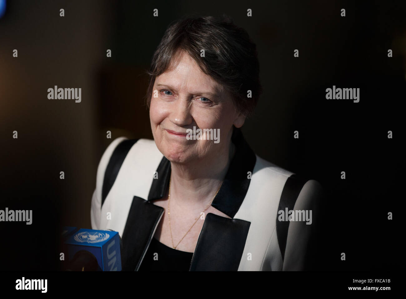 New York, United Nations headquarters in New York. 14th Apr, 2016. Helen Clark, former Prime Minister of New Zealand and Administrator of the United Nations Development Programme (UNDP), candidate for the position of the next secretary-general, addresses the press at the United Nations headquarters in New York, April 14, 2016. The UN General Assembly on Tuesday kicked off a three-day informal dialogue with candidates for the position of the next secretary-general. © Li Muzi/Xinhua/Alamy Live News Stock Photo