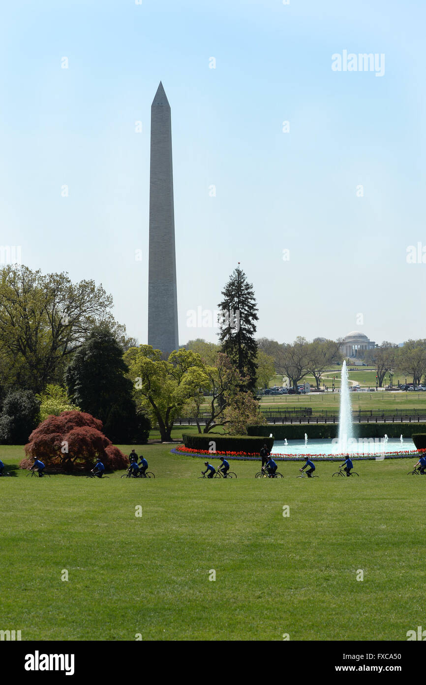 April 14, 2016 - Washington, District of Columbia, U.S. - 4/14/16-The White House- Washington DC..President Barack Obama and V.P. Joe Biden along with Secretary of Veteran Affairs Robert McDonald welcome the Wounded Warrior Riders to the White House  to help raise awareness of our nationÃ•s heroes who battle the physical and psychological damages of war. The riders will ride from The White House to Annapolis Maryland..The warriors ride along theSouth Lawn driveway of the White House..photos by:   - ImageCatcher News (Credit Image: © Christy Bowe/Globe Photos via ZUMA Wire) Stock Photo