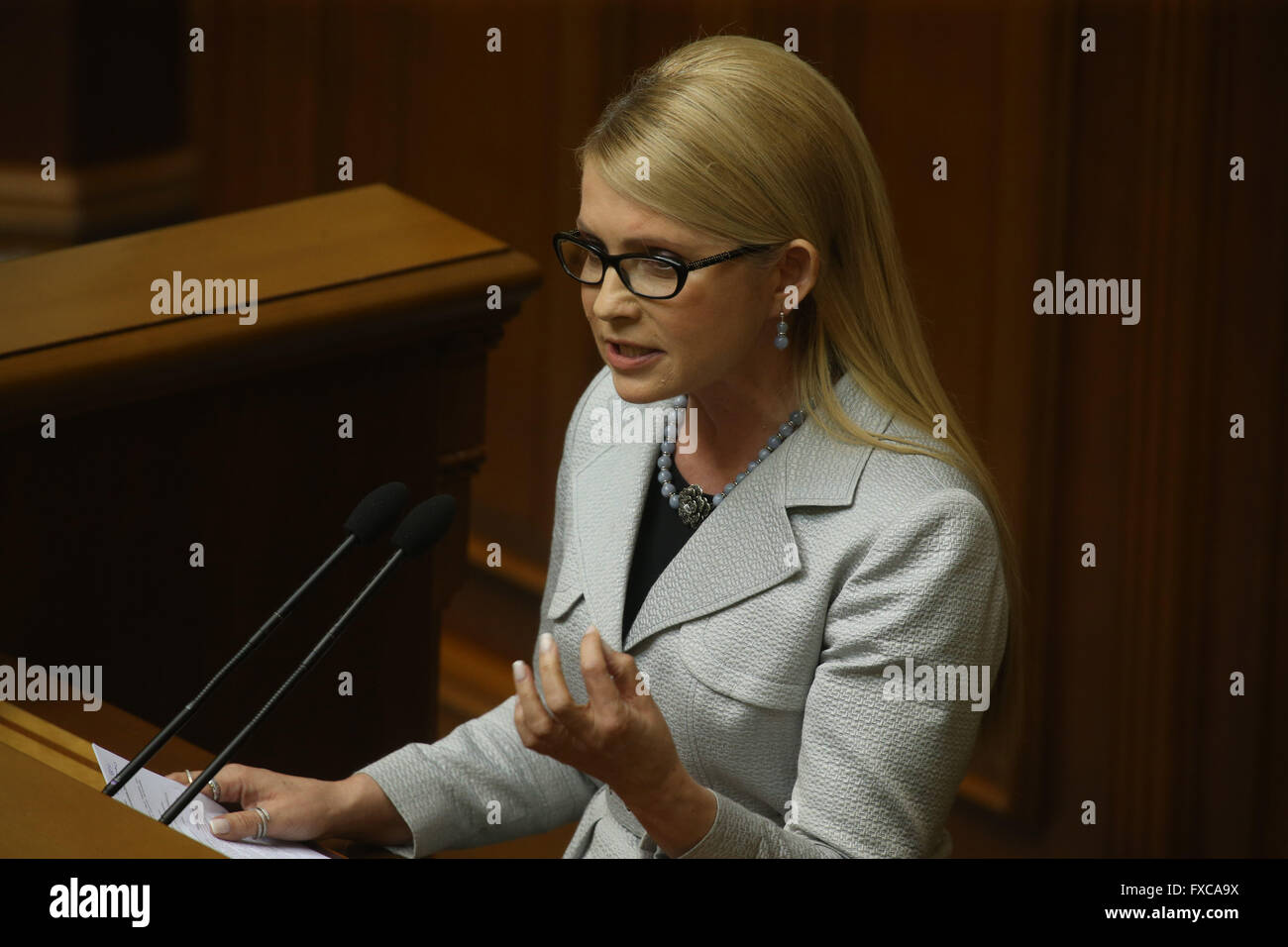 Kiev. 14th Apr, 2016. Former Ukrainian Prime Minister and leader of the Fatherland party Yulia Tymoshenko speaks at a parliament session in Kiev, Ukraine on April 14, 2016. The Ukrainian parliament approved the formation of a new cabinet on Thursday following a replacement of the prime minister. © Xinhua/Alamy Live News Stock Photo