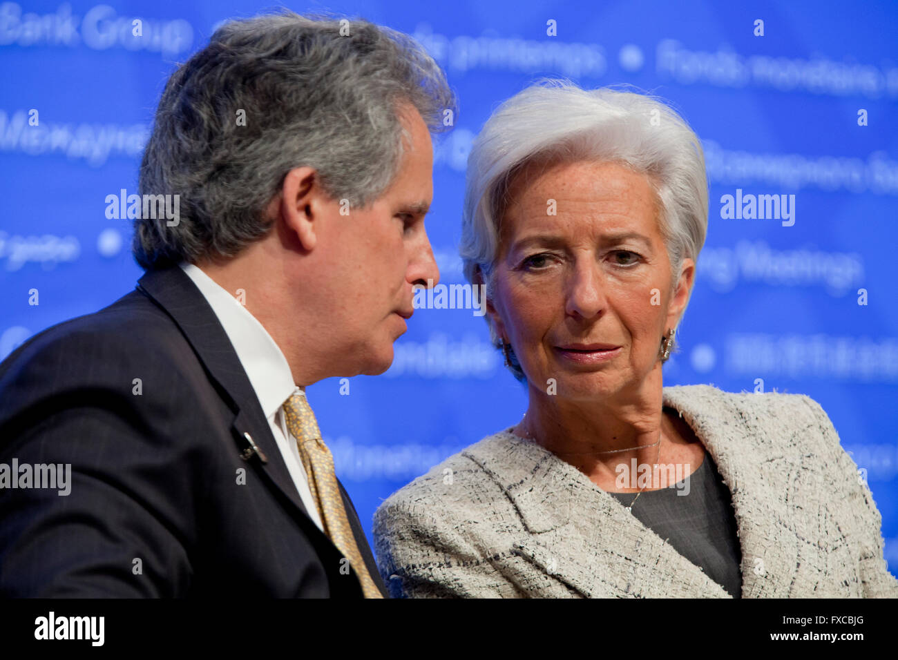 Washington DC, USA. 14th April, 2016.  IMF Managing Director Christine Lagarde briefs the press on the latest updates of the 2016 Annual Meetings. Credit:  B Christopher/Alamy Live News Stock Photo