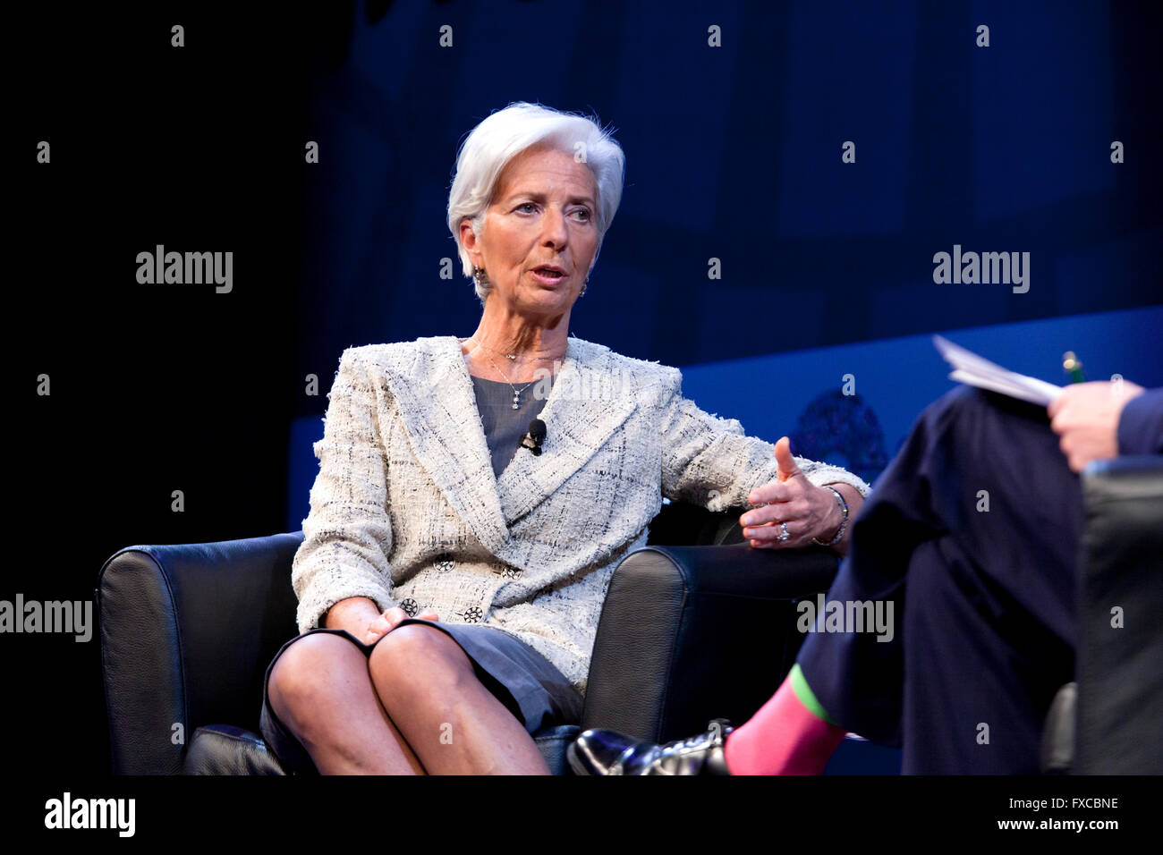 Washington DC, USA. 14th April, 2016. Managing  Christine Lagarde, Director of the International Monetary Fund (IMF), being interviewed Credit:  B Christopher/Alamy Live News Stock Photo