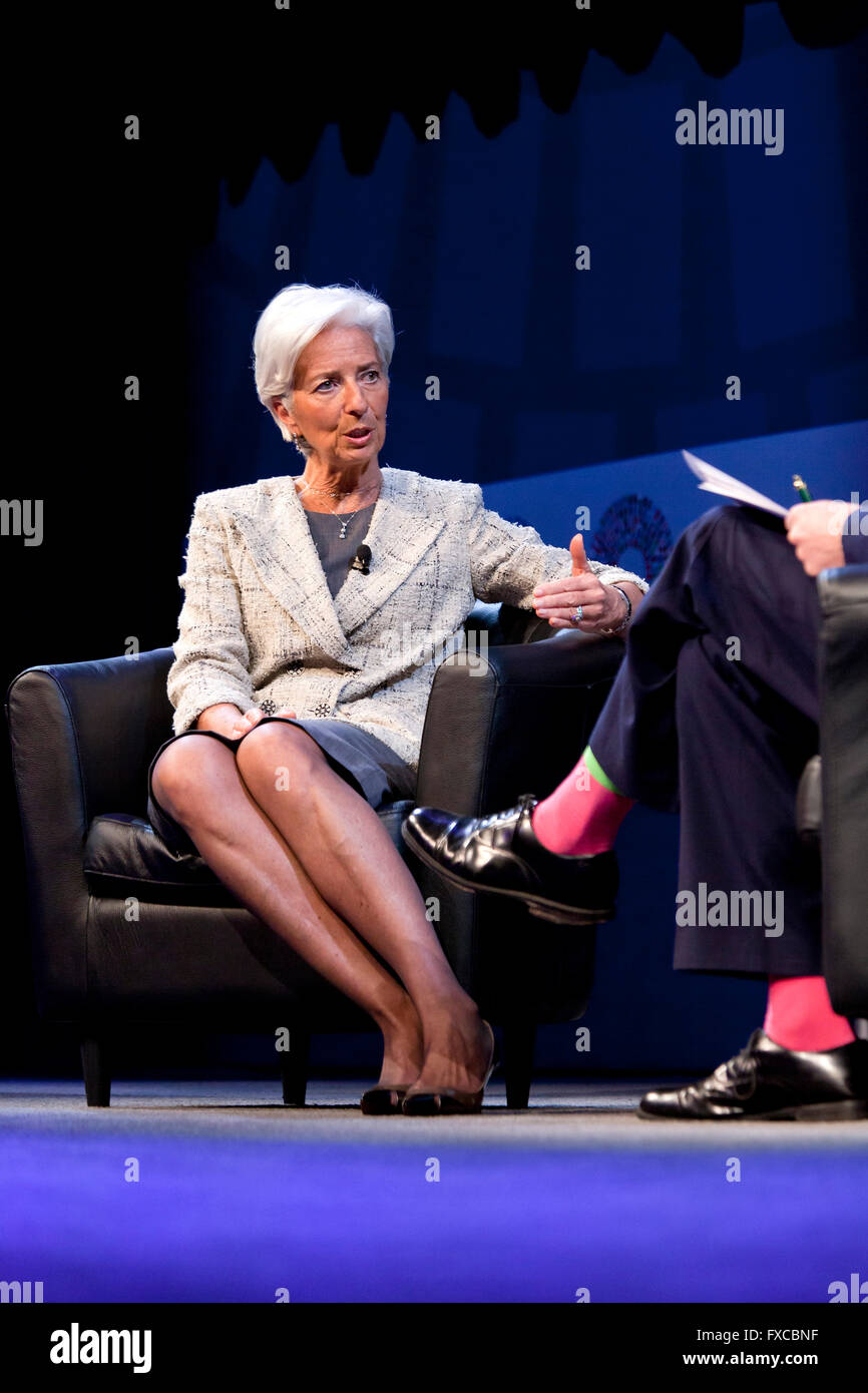 Washington DC, USA. 14th April, 2016. Managing  Christine Lagarde, Director of the International Monetary Fund (IMF), being interviewed Credit:  B Christopher/Alamy Live News Stock Photo