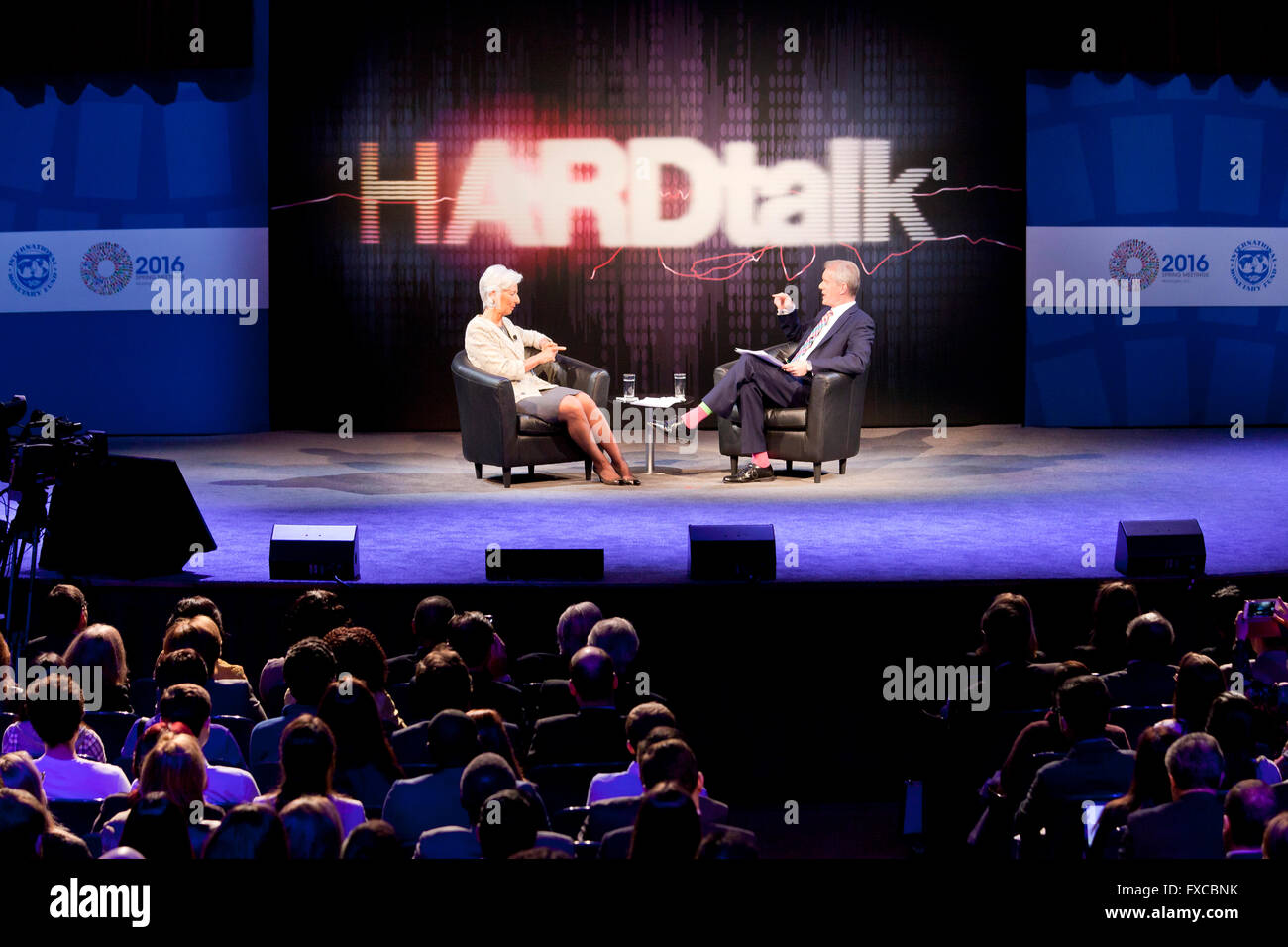 Washington DC, USA. 14th April, 2016.  Stephen Sackur of the BBC's HARDtalk interviews Managing Director of the IMF, Christine Lagarde on key issues in the global economy. Credit:  B Christopher/Alamy Live News Stock Photo