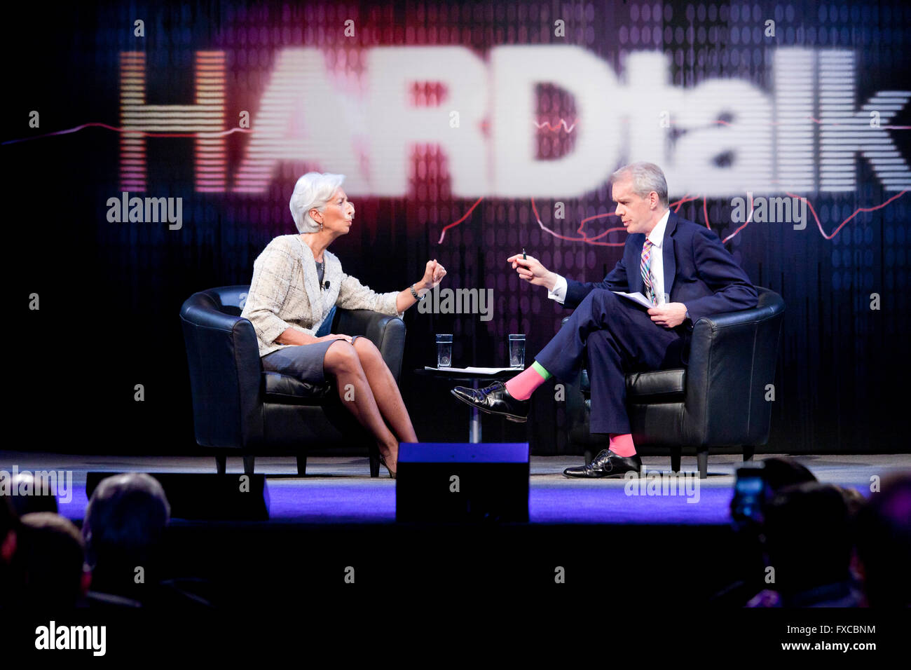 Washington DC, USA. 14th April, 2016.  Stephen Sackur of the BBC's HARDtalk interviews Managing Director of the IMF, Christine Lagarde on key issues in the global economy. Credit:  B Christopher/Alamy Live News Stock Photo