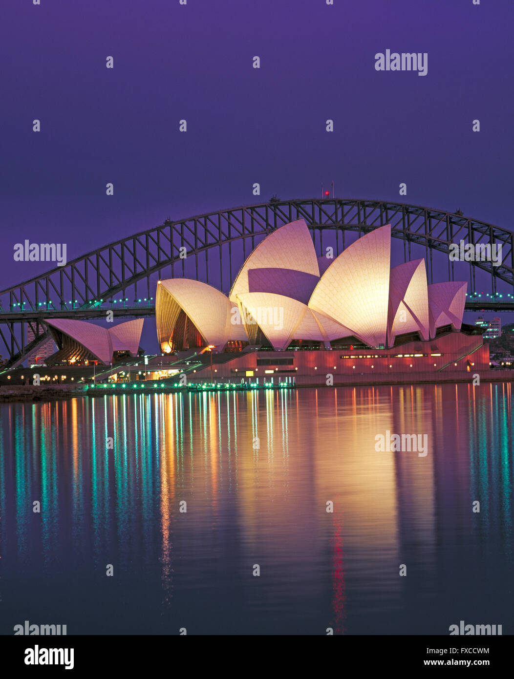 Sydney Harbour Bridge and Opera House at night, New South Wales, Australia Stock Photo