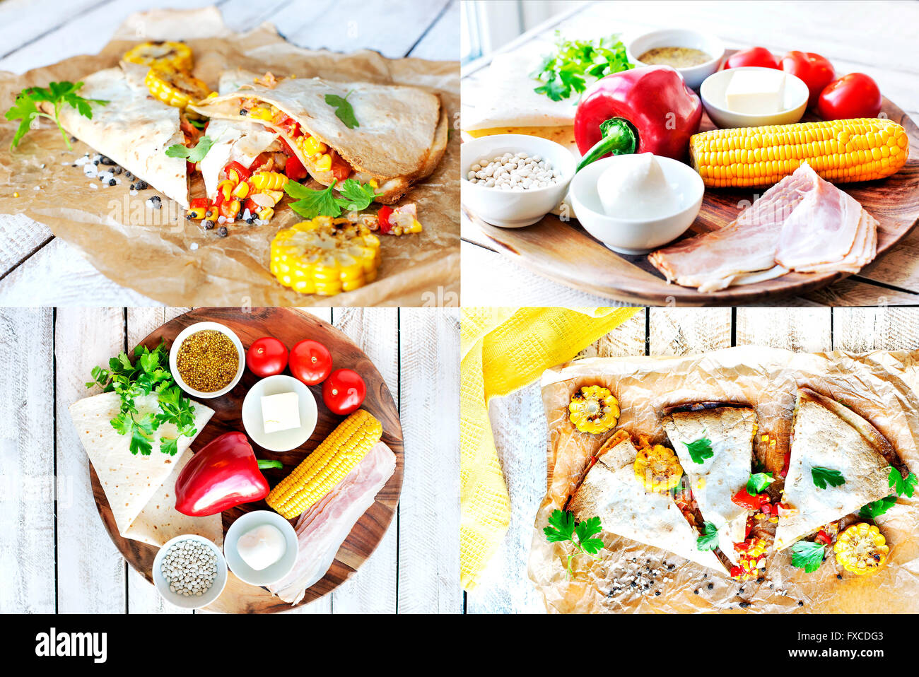 Collage. Ingredients for cooking Mexican Quesadilla wrap with vegetables, corn, sweet pepper and sauces on the parchment and tab Stock Photo