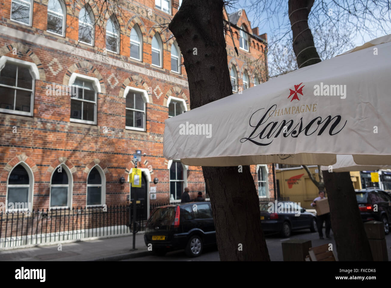 Lanson champagne umbrella on a central london street Stock Photo