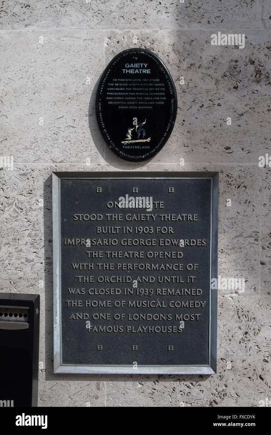 Gaiety Theatre plaque on the site of the old theatre Stock Photo