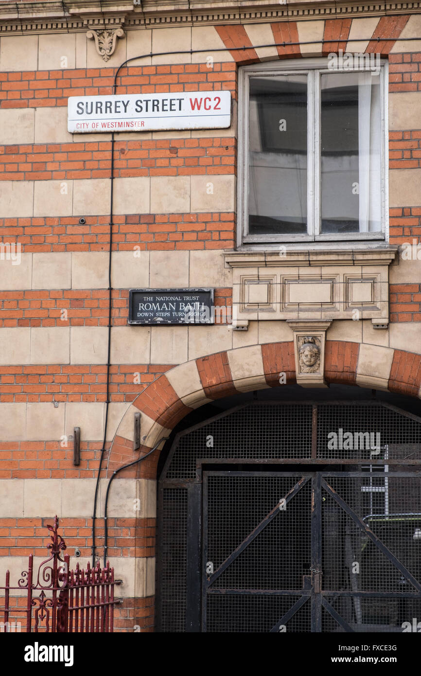 Roman Bath Sign in Surrey Street Central London Stock Photo