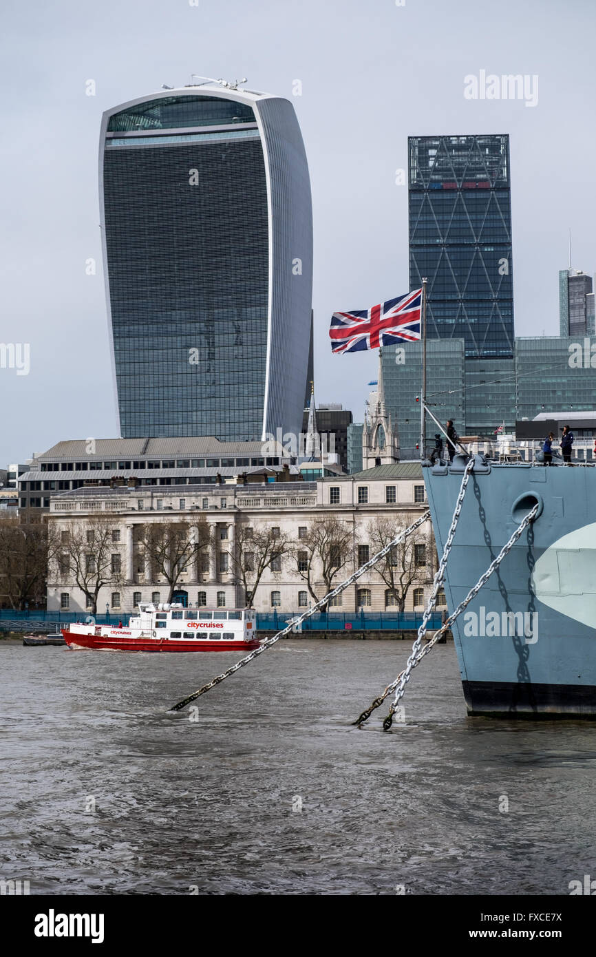 City of London Skyline, with the bow of HMS Belfast in the foreground Stock Photo