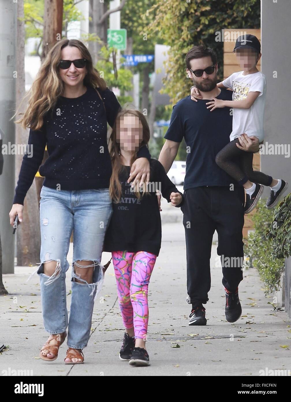 Tobey Maguire and wife Jennifer Meyer take their two children Ruby and Otis to have Sunday lunch at Gracias Madre in Beverly Hills Featuring Tobey Maguire Jennifer Meyer Otis Maguire Ruby Maguire