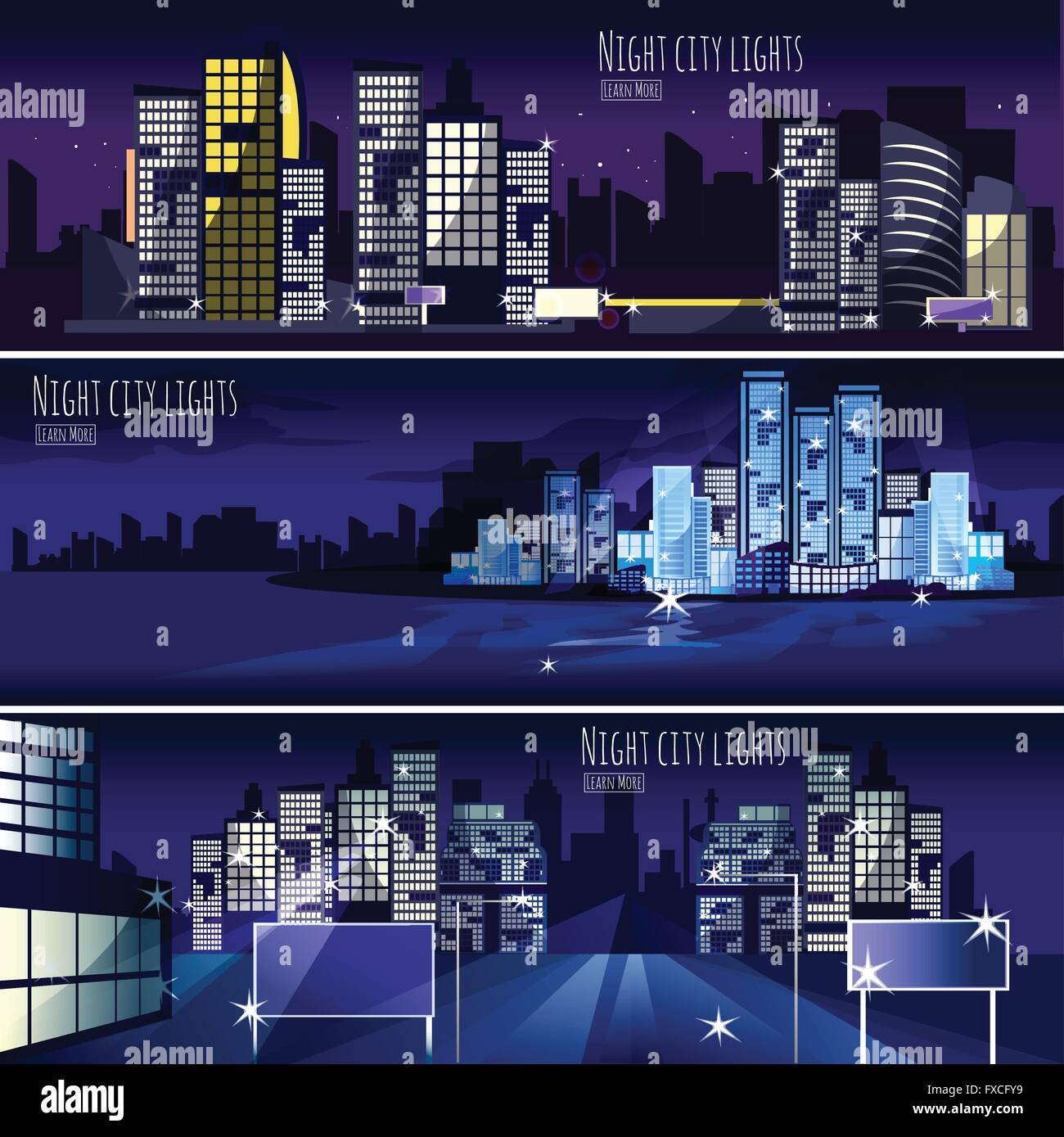 City Nightcape 3 Banners Set Stock Vector